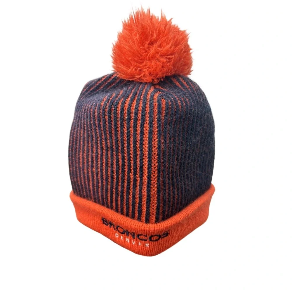 NFL Team Apparel Denver Broncos Youth Beanie Orange Navy‎ Blue Striped Pom Hat